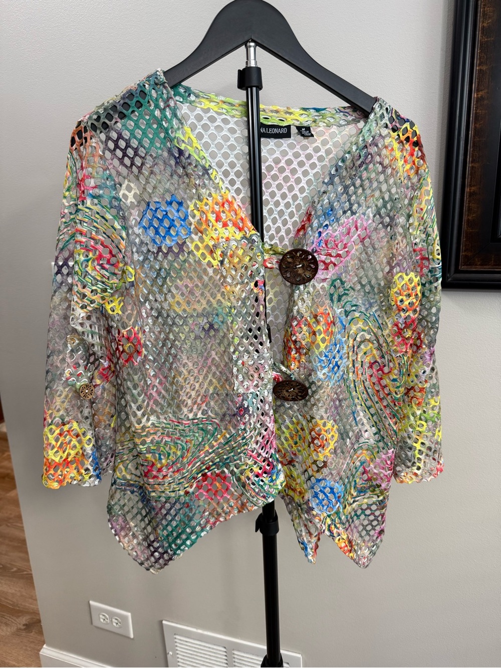 Nina Leonard Multicolor Open-Weave Button Front Mesh Top
